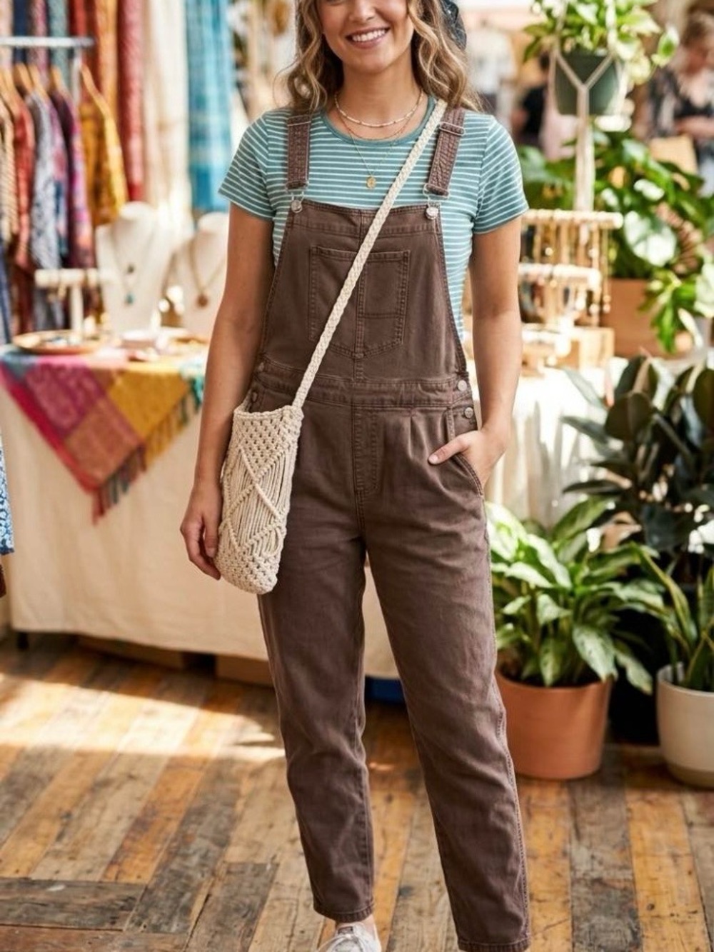 Ladies Brown Cotton Overalls with Adjustable Straps